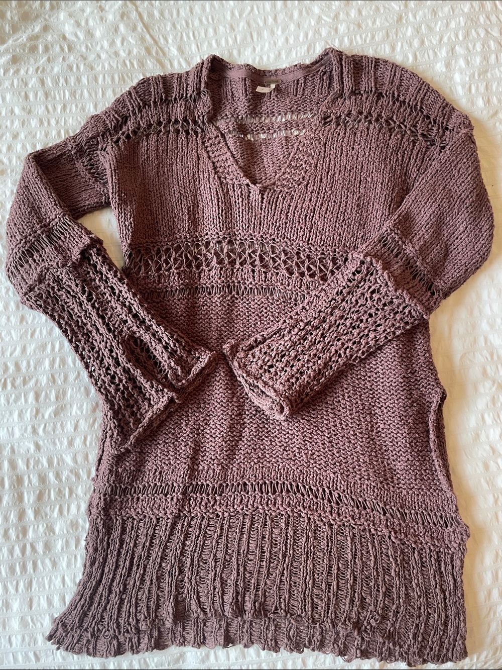 Free People Dusty Mauve Open-Knit V-Neck Sweater